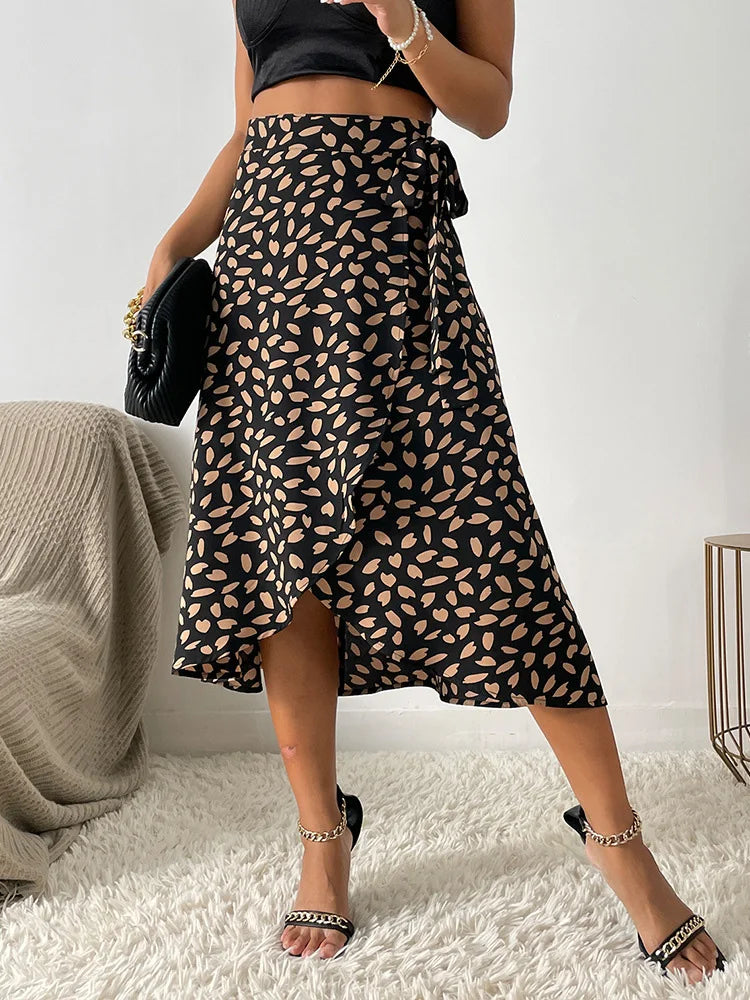Elegant Brown Leopard Print Midi Skirt for Women with High Waist Wrap Tie Ruffle Hem Flowing Style