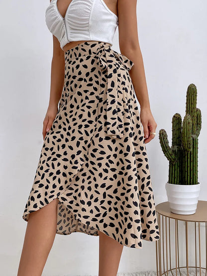 Elegant Brown Leopard Print Midi Skirt for Women with High Waist Wrap Tie Ruffle Hem Flowing Style