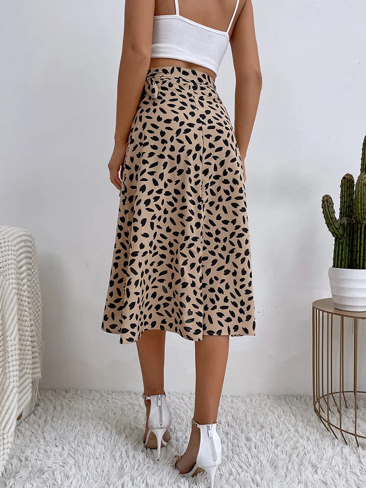 Elegant Brown Leopard Print Midi Skirt for Women with High Waist Wrap Tie Ruffle Hem Flowing Style