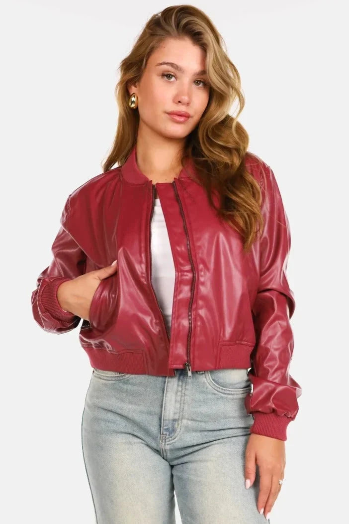 Effortless Leather Jacket for Women with Ribbed Collar Long Sleeve Zip Front Bomber Style