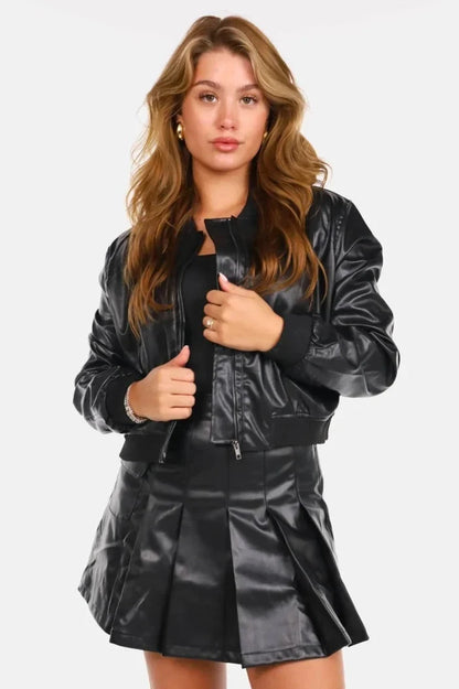 Effortless Leather Jacket for Women with Ribbed Collar Long Sleeve Zip Front Bomber Style
