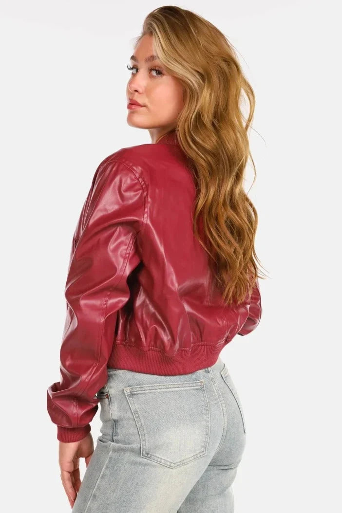 Effortless Leather Jacket for Women with Ribbed Collar Long Sleeve Zip Front Bomber Style
