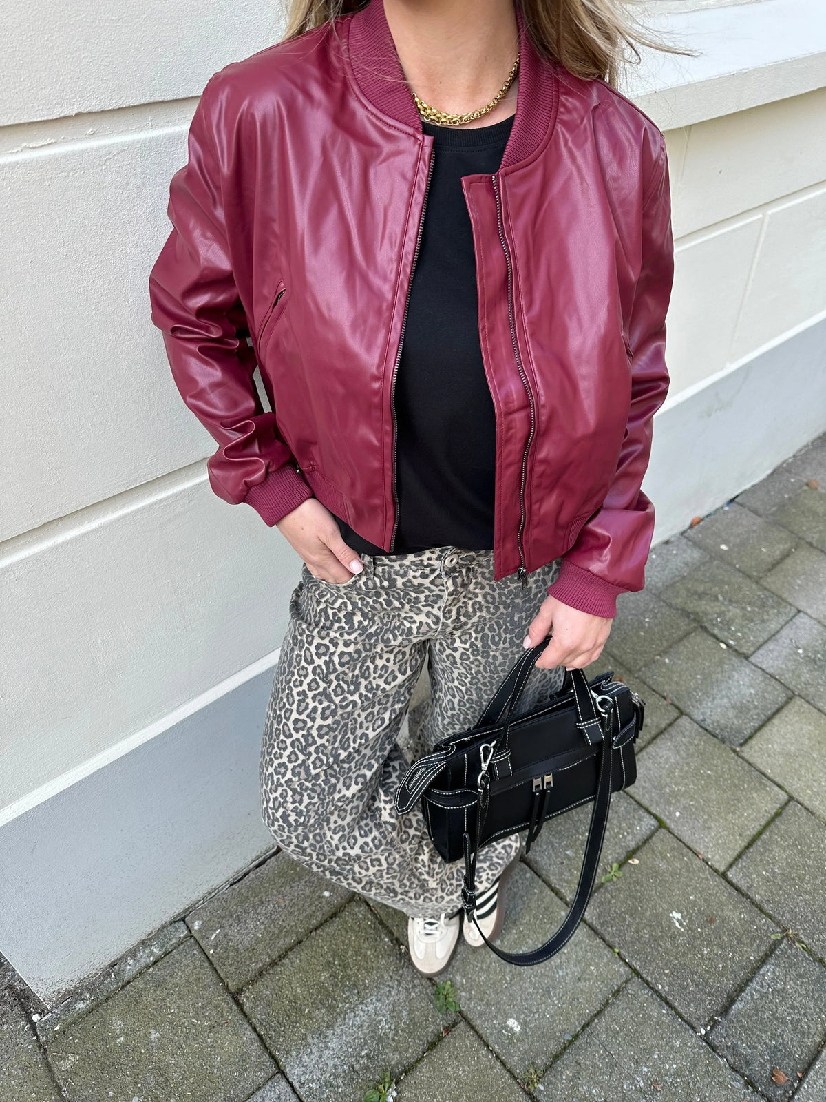 Effortless Leather Jacket for Women with Ribbed Collar Long Sleeve Zip Front Bomber Style