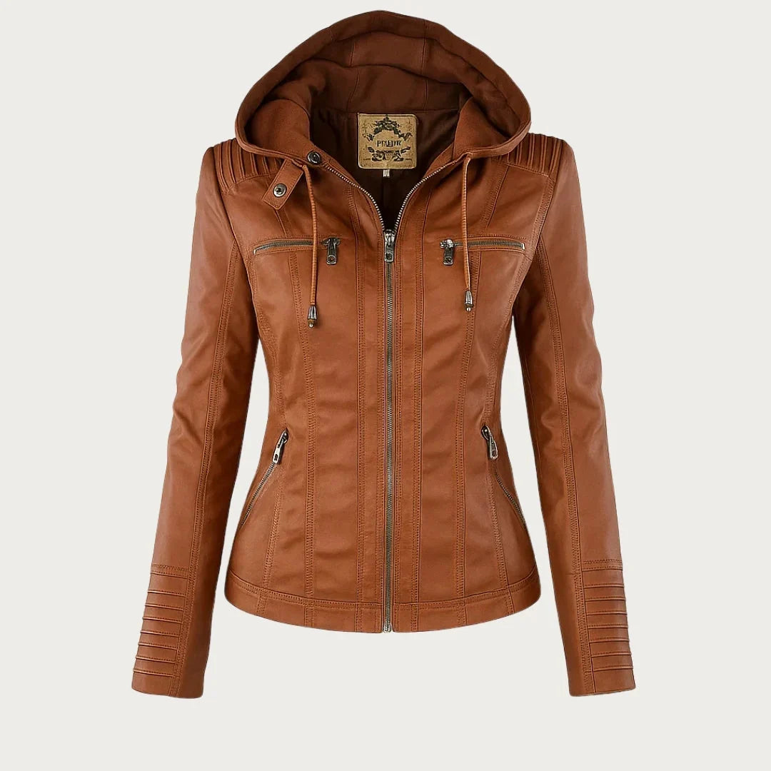 Stylish Hooded Faux Leather Moto Jacket for Women with Zip Front Ribbed Cuff Fitted Biker Style