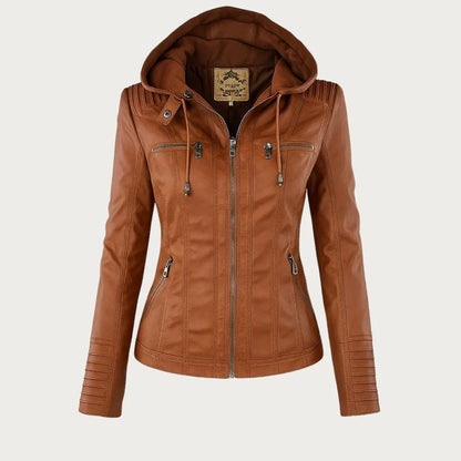 Stylish Hooded Faux Leather Moto Jacket for Women with Zip Front Ribbed Cuff Fitted Biker Style