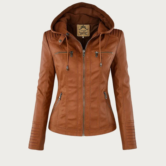 Stylish Hooded Faux Leather Moto Jacket for Women with Zip Front Ribbed Cuff Fitted Biker Style