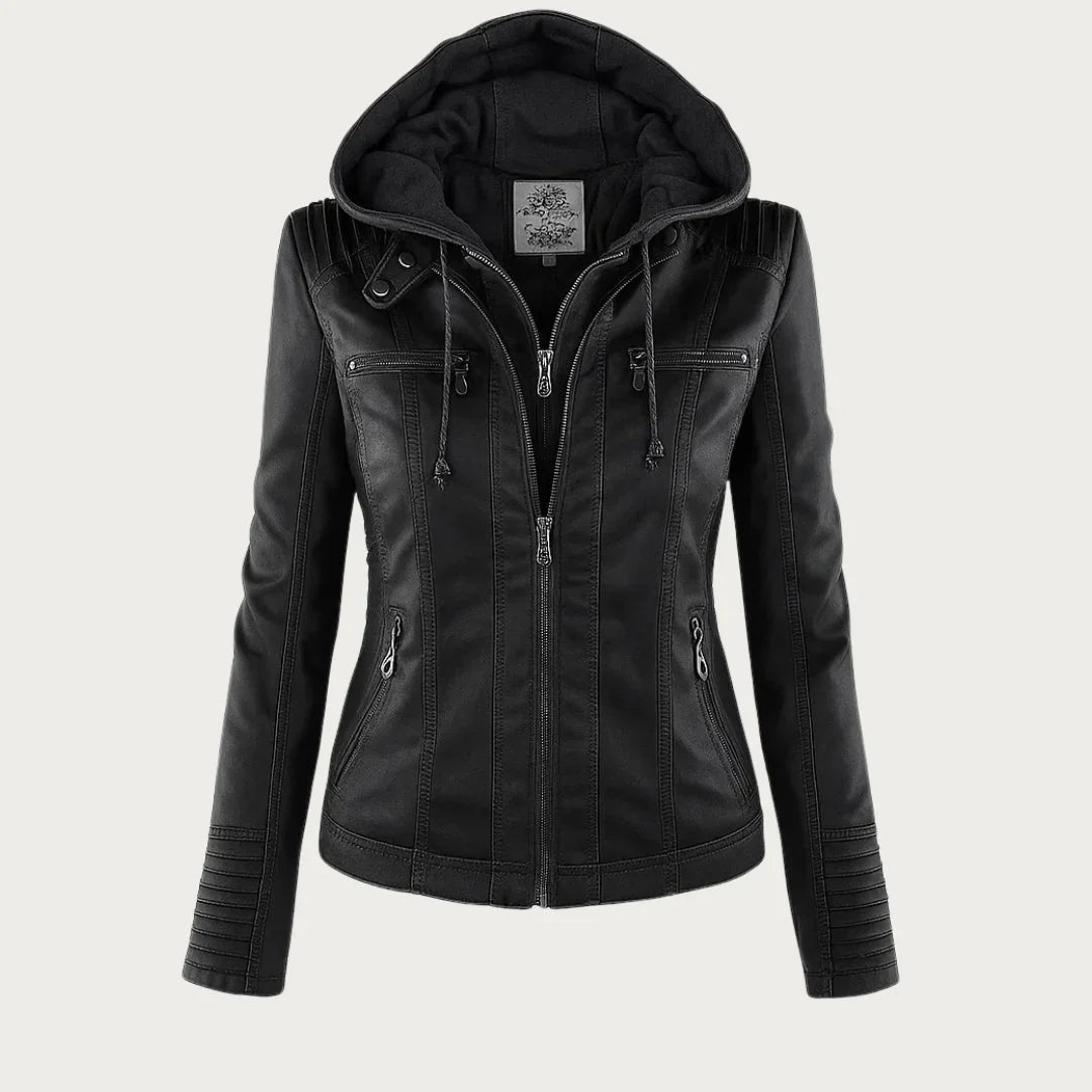 Stylish Hooded Faux Leather Moto Jacket for Women with Zip Front Ribbed Cuff Fitted Biker Style