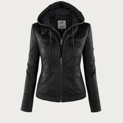 Stylish Hooded Faux Leather Moto Jacket for Women with Zip Front Ribbed Cuff Fitted Biker Style