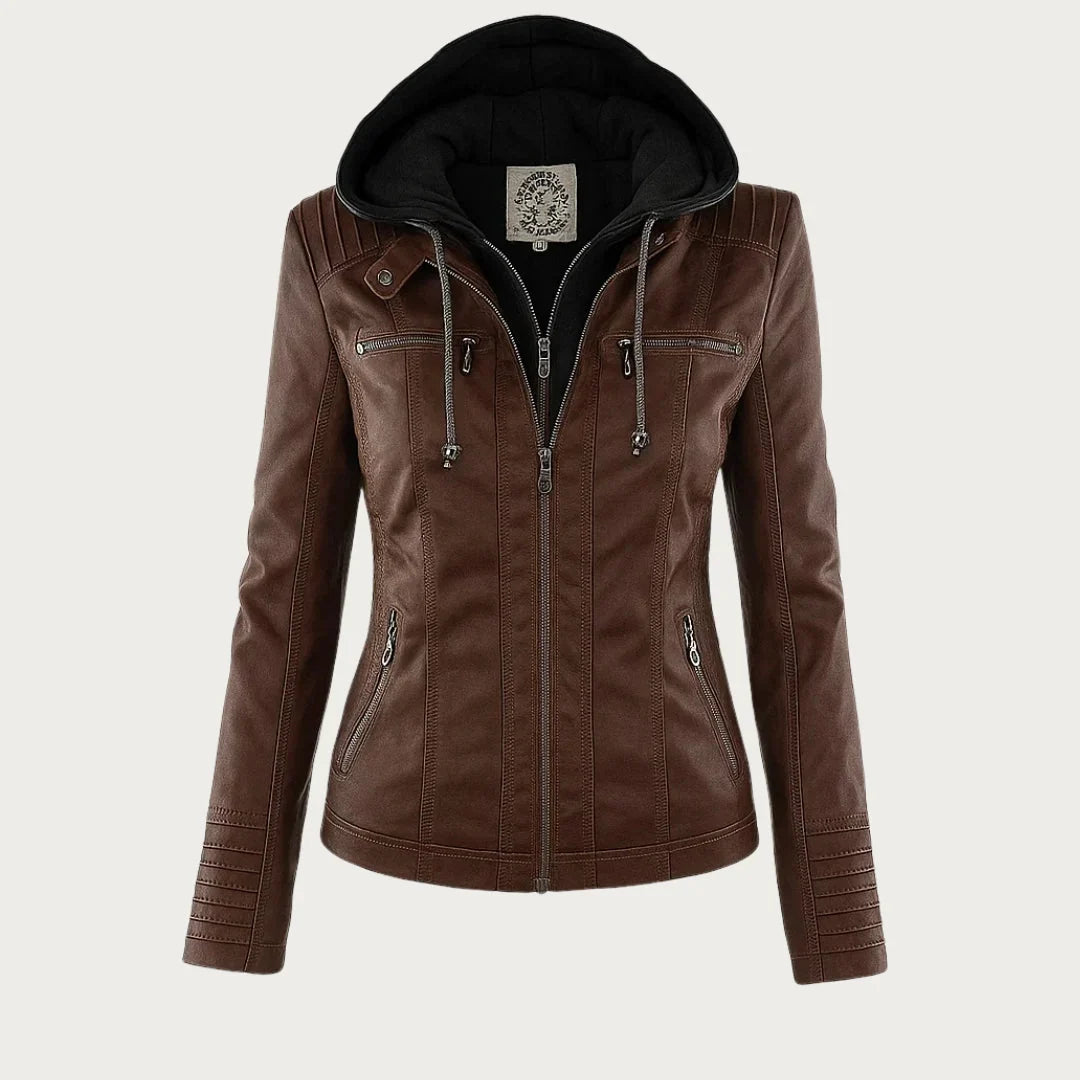 Stylish Hooded Faux Leather Moto Jacket for Women with Zip Front Ribbed Cuff Fitted Biker Style
