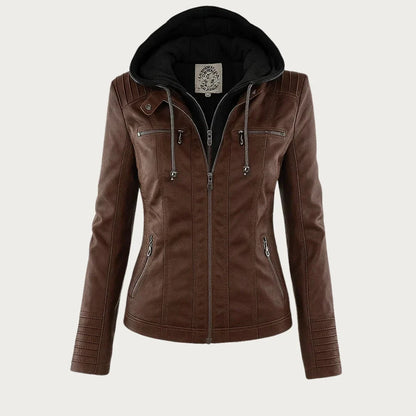 Stylish Hooded Faux Leather Moto Jacket for Women with Zip Front Ribbed Cuff Fitted Biker Style