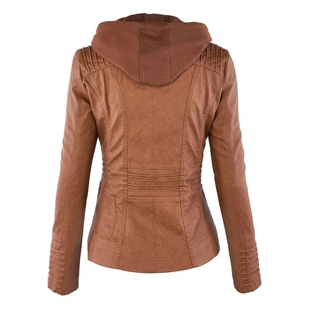 Stylish Hooded Faux Leather Moto Jacket for Women with Zip Front Ribbed Cuff Fitted Biker Style