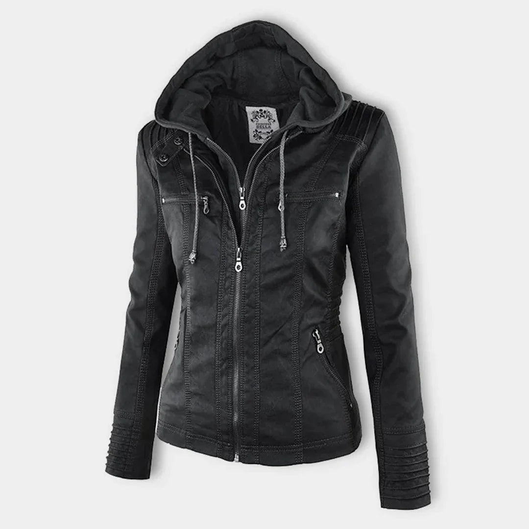 Stylish Hooded Faux Leather Moto Jacket for Women with Zip Front Ribbed Cuff Fitted Biker Style