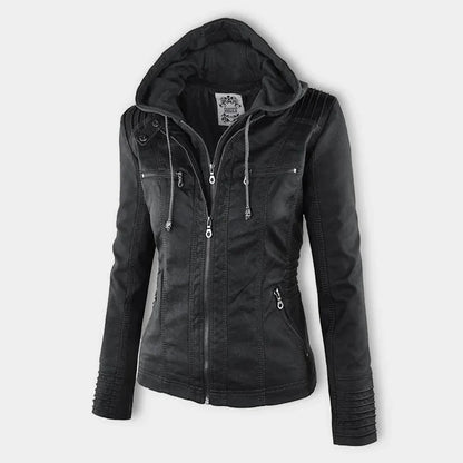 Stylish Hooded Faux Leather Moto Jacket for Women with Zip Front Ribbed Cuff Fitted Biker Style