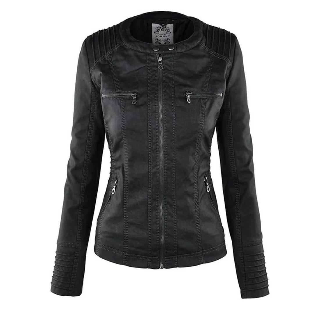 Stylish Hooded Faux Leather Moto Jacket for Women with Zip Front Ribbed Cuff Fitted Biker Style