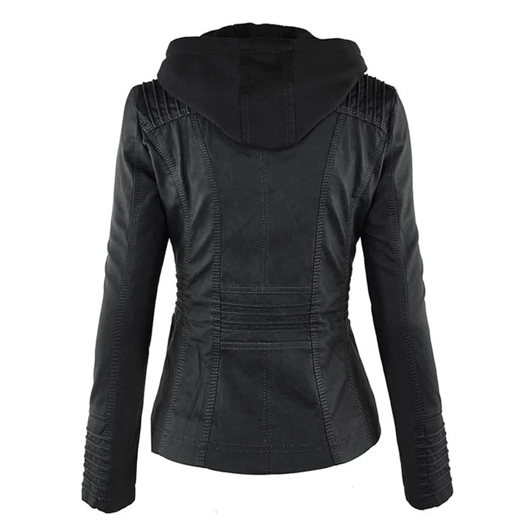 Stylish Hooded Faux Leather Moto Jacket for Women with Zip Front Ribbed Cuff Fitted Biker Style