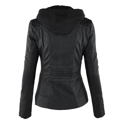 Stylish Hooded Faux Leather Moto Jacket for Women with Zip Front Ribbed Cuff Fitted Biker Style
