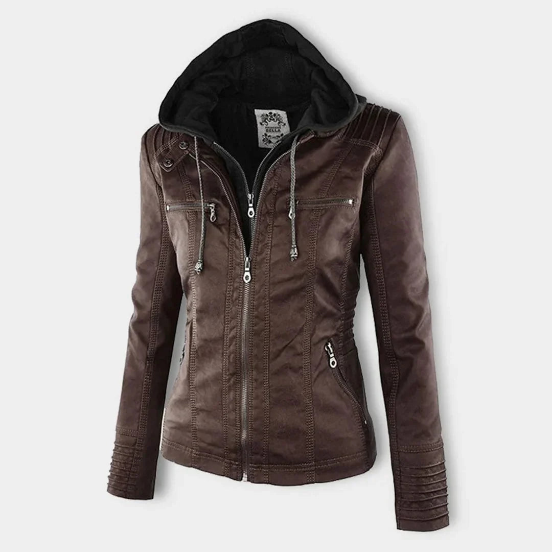 Stylish Hooded Faux Leather Moto Jacket for Women with Zip Front Ribbed Cuff Fitted Biker Style