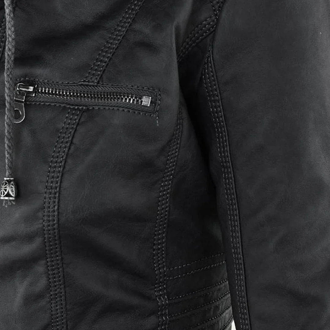 Stylish Hooded Faux Leather Moto Jacket for Women with Zip Front Ribbed Cuff Fitted Biker Style