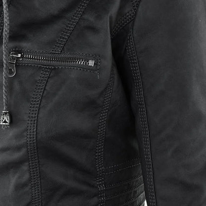Stylish Hooded Faux Leather Moto Jacket for Women with Zip Front Ribbed Cuff Fitted Biker Style