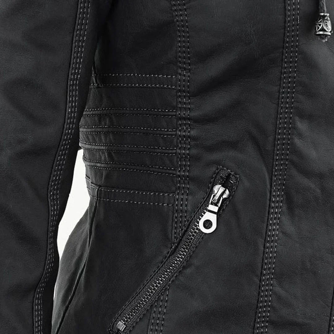 Stylish Hooded Faux Leather Moto Jacket for Women with Zip Front Ribbed Cuff Fitted Biker Style
