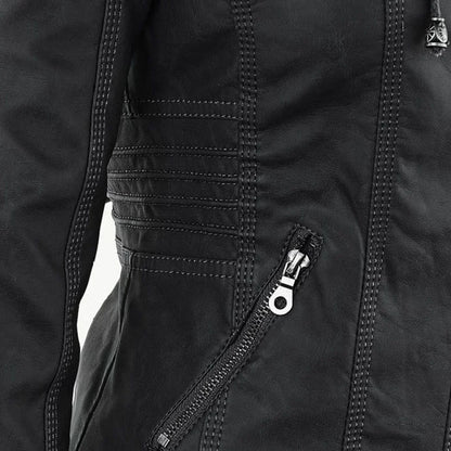 Stylish Hooded Faux Leather Moto Jacket for Women with Zip Front Ribbed Cuff Fitted Biker Style