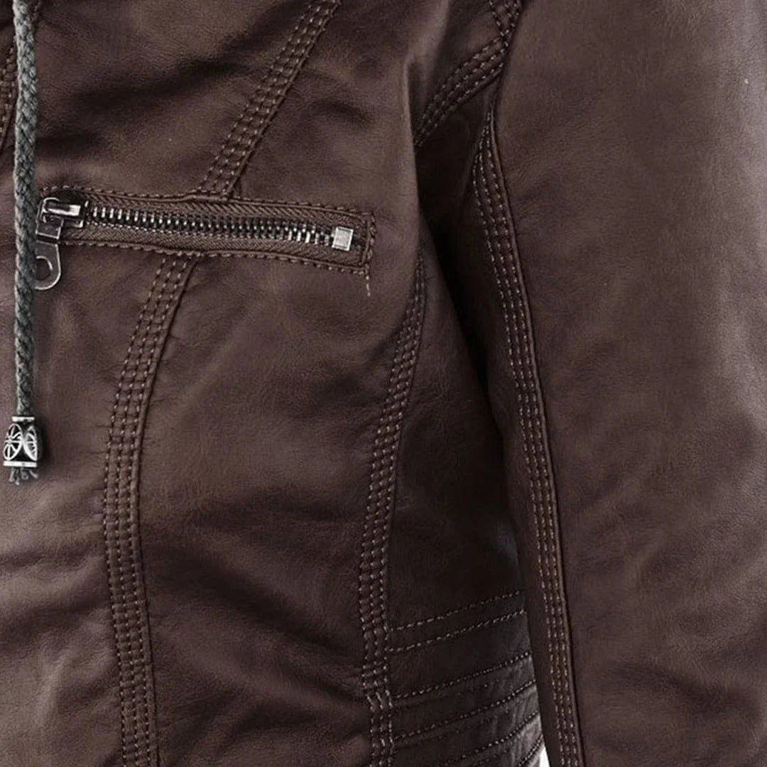 Stylish Hooded Faux Leather Moto Jacket for Women with Zip Front Ribbed Cuff Fitted Biker Style