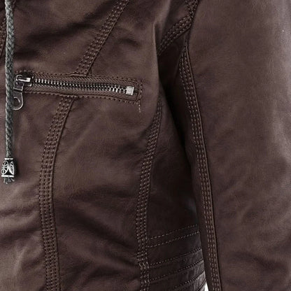 Stylish Hooded Faux Leather Moto Jacket for Women with Zip Front Ribbed Cuff Fitted Biker Style