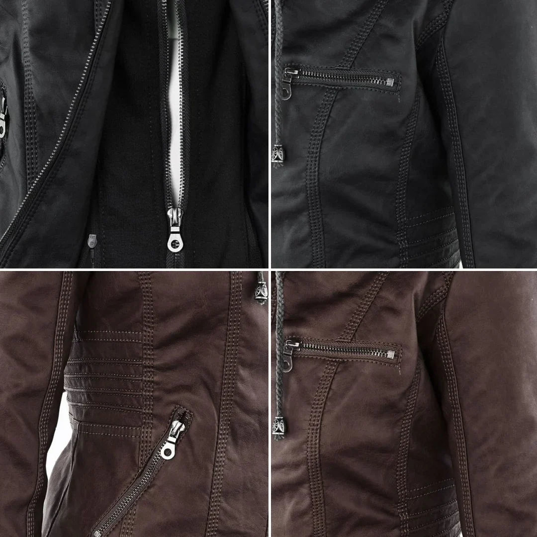 Stylish Hooded Faux Leather Moto Jacket for Women with Zip Front Ribbed Cuff Fitted Biker Style
