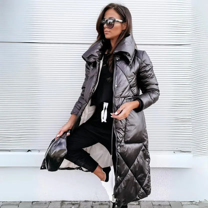 Warm Long Quilted Puffer Coat for Women with Hooded Belted Waist Zip Front Insulated Winter Style