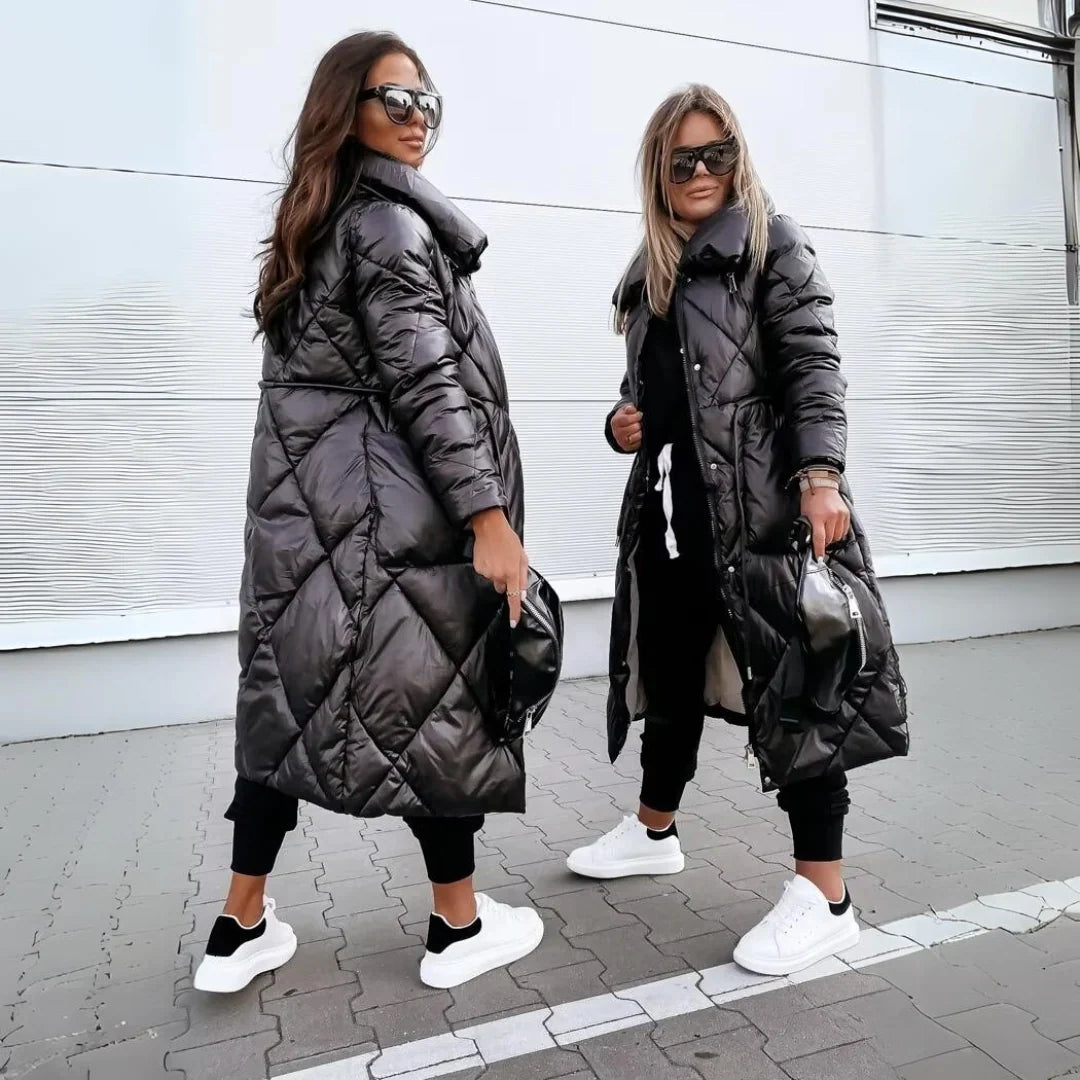 Warm Long Quilted Puffer Coat for Women with Hooded Belted Waist Zip Front Insulated Winter Style