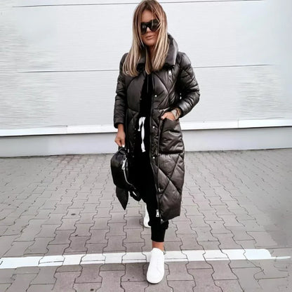 Warm Long Quilted Puffer Coat for Women with Hooded Belted Waist Zip Front Insulated Winter Style