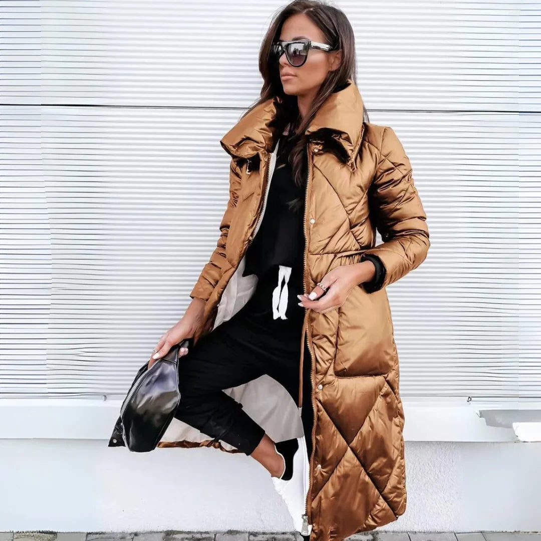 Warm Long Quilted Puffer Coat for Women with Hooded Belted Waist Zip Front Insulated Winter Style