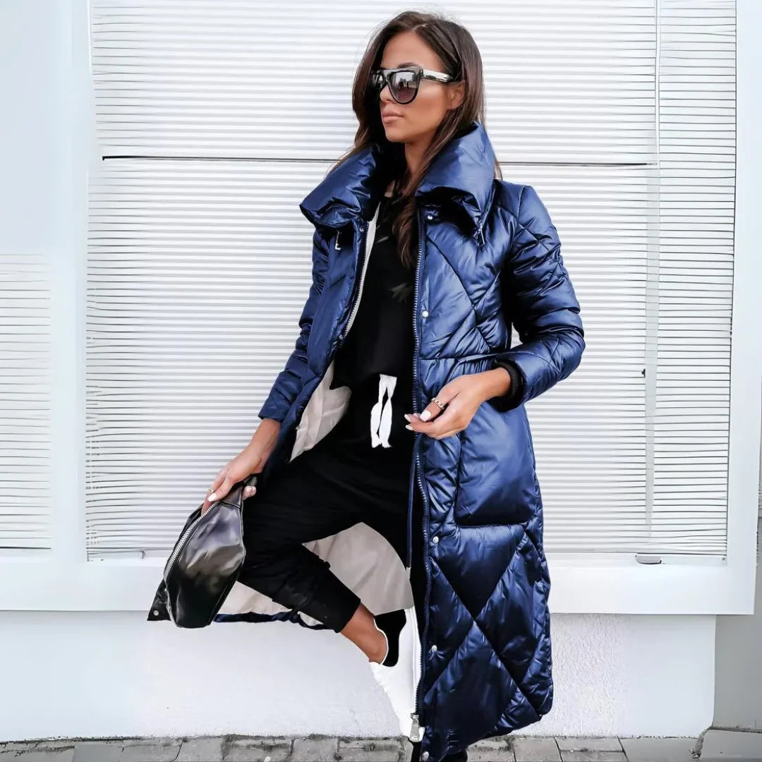 Warm Long Quilted Puffer Coat for Women with Hooded Belted Waist Zip Front Insulated Winter Style
