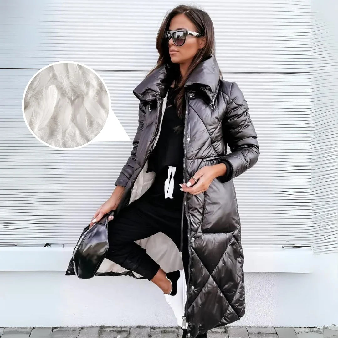 Warm Long Quilted Puffer Coat for Women with Hooded Belted Waist Zip Front Insulated Winter Style