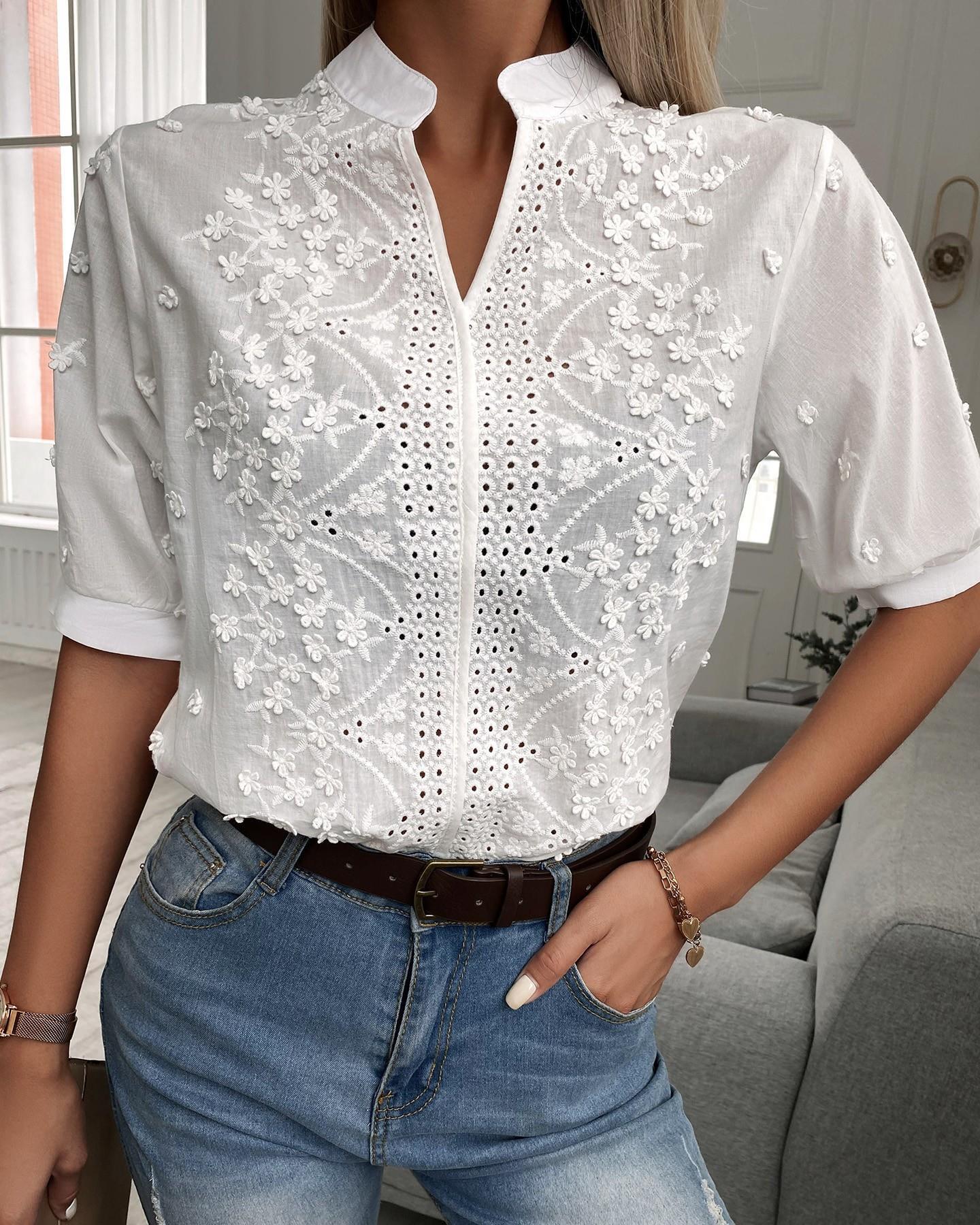 Elegant White Eyelet Floral Blouse for Women with Split Neck Puff Sleeve Embroidered Relaxed Style