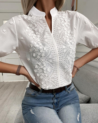 Elegant White Eyelet Floral Blouse for Women with Split Neck Puff Sleeve Embroidered Relaxed Style