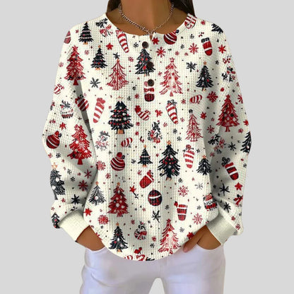 Comfortable Women's Christmas Sweater with Crew Neck Long Sleeve Waffle Knit Relaxed Style