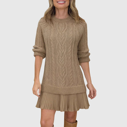 Chic Camel Cable Knit Sweater Dress for Women with Crew Neck Long Sleeve Pleated Hem Knit Fall Style