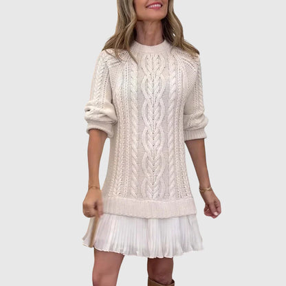 Chic Camel Cable Knit Sweater Dress for Women with Crew Neck Long Sleeve Pleated Hem Knit Fall Style