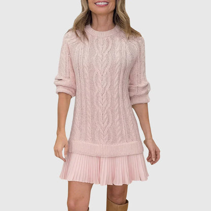 Chic Camel Cable Knit Sweater Dress for Women with Crew Neck Long Sleeve Pleated Hem Knit Fall Style
