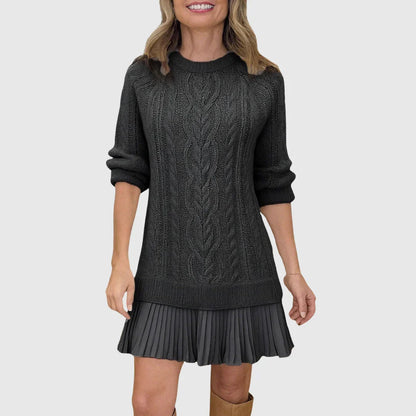 Chic Camel Cable Knit Sweater Dress for Women with Crew Neck Long Sleeve Pleated Hem Knit Fall Style