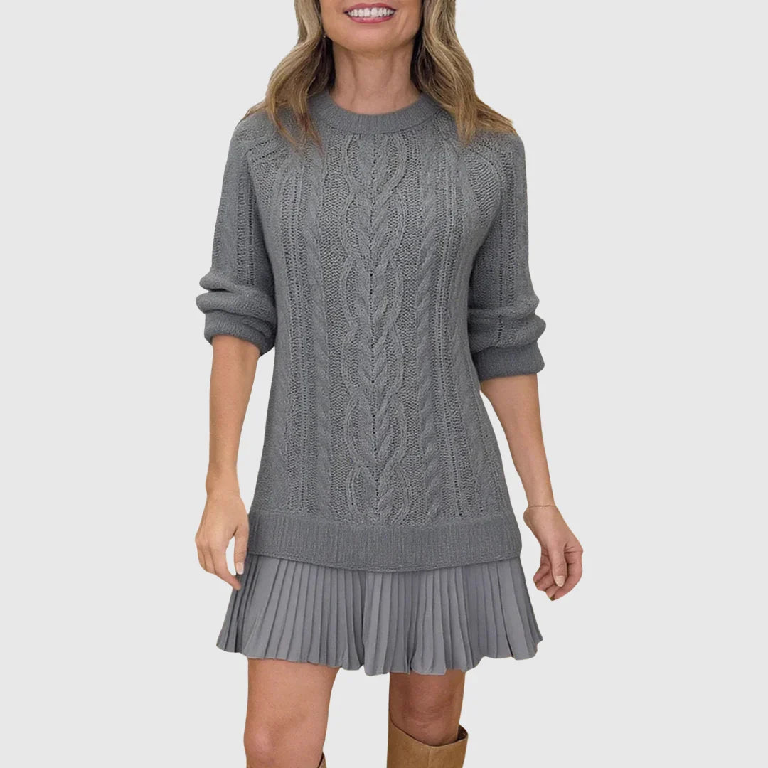 Chic Camel Cable Knit Sweater Dress for Women with Crew Neck Long Sleeve Pleated Hem Knit Fall Style