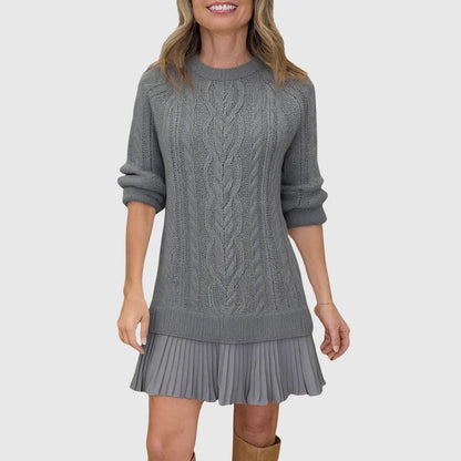 Chic Camel Cable Knit Sweater Dress for Women with Crew Neck Long Sleeve Pleated Hem Knit Fall Style