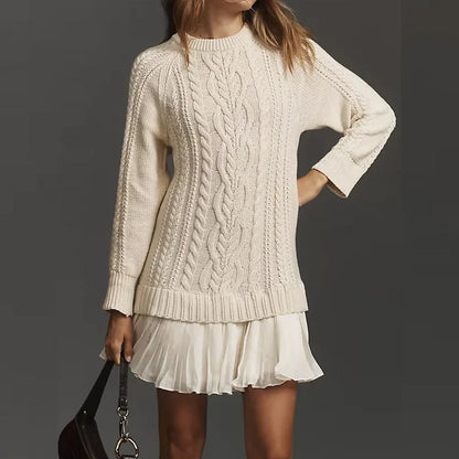 Chic Camel Cable Knit Sweater Dress for Women with Crew Neck Long Sleeve Pleated Hem Knit Fall Style