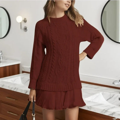 Chic Camel Cable Knit Sweater Dress for Women with Crew Neck Long Sleeve Pleated Hem Knit Fall Style