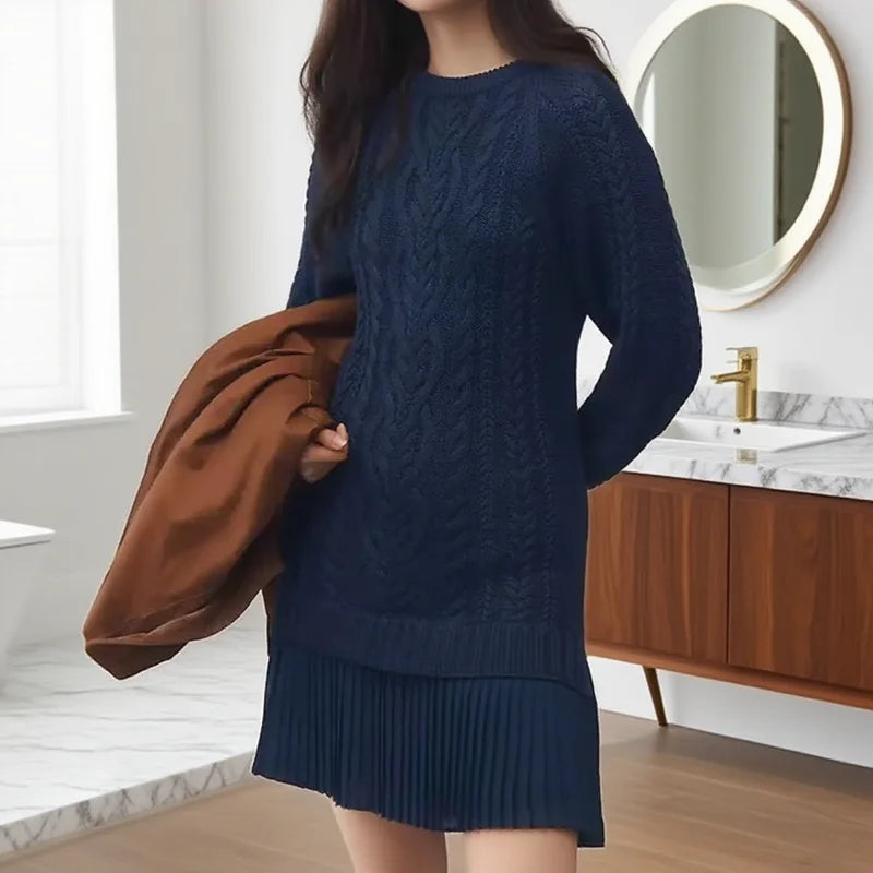 Chic Camel Cable Knit Sweater Dress for Women with Crew Neck Long Sleeve Pleated Hem Knit Fall Style