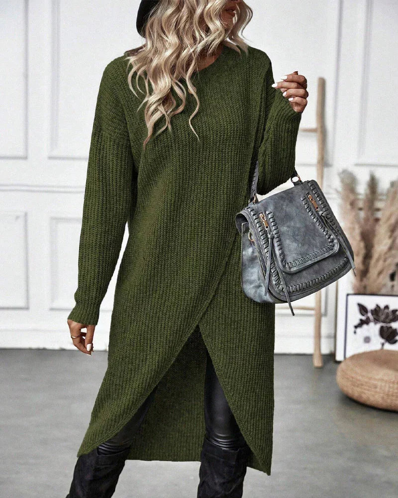 Cozy Olive Green Sweater Dress for Women with Crew Neck Long Sleeve Ribbed Knit Wrap Hem Style