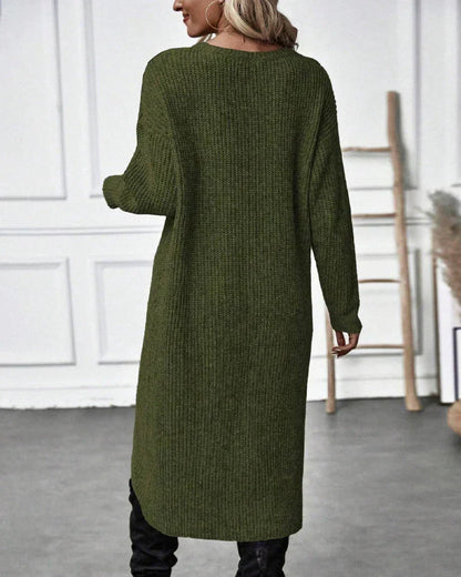 Cozy Olive Green Sweater Dress for Women with Crew Neck Long Sleeve Ribbed Knit Wrap Hem Style