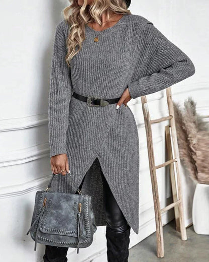 Cozy Olive Green Sweater Dress for Women with Crew Neck Long Sleeve Ribbed Knit Wrap Hem Style