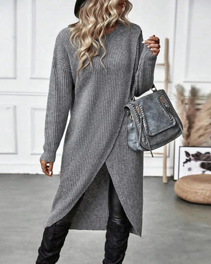 Cozy Olive Green Sweater Dress for Women with Crew Neck Long Sleeve Ribbed Knit Wrap Hem Style